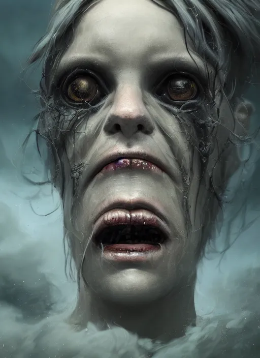 Image similar to a close up portrait of a creepy grotesque sea witch with dark turbulent skies, photorealistic, by jessica rossier, 4 k resolution