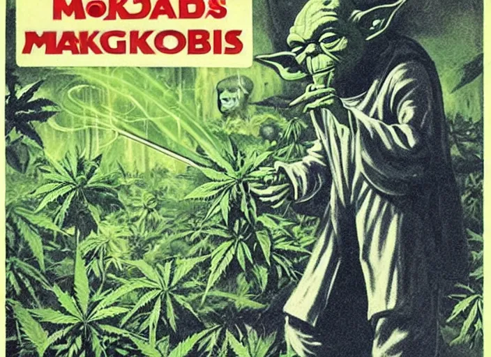 Image similar to vintage travel advertisement for the planet dagobah, of yoda smoking a huge marijuana cigarette, surrounded by cannabis plants