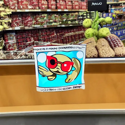 Prompt: squirtle in sunglasses terrorizing a trader joes