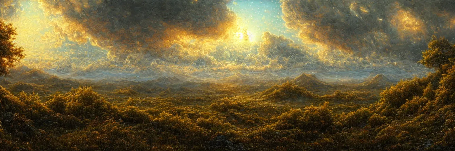 Prompt: ultra realist intricate detailed landscape painting of the end of the world, very intricate details, bokeh focus, 8 k render, by les edwards, award winning