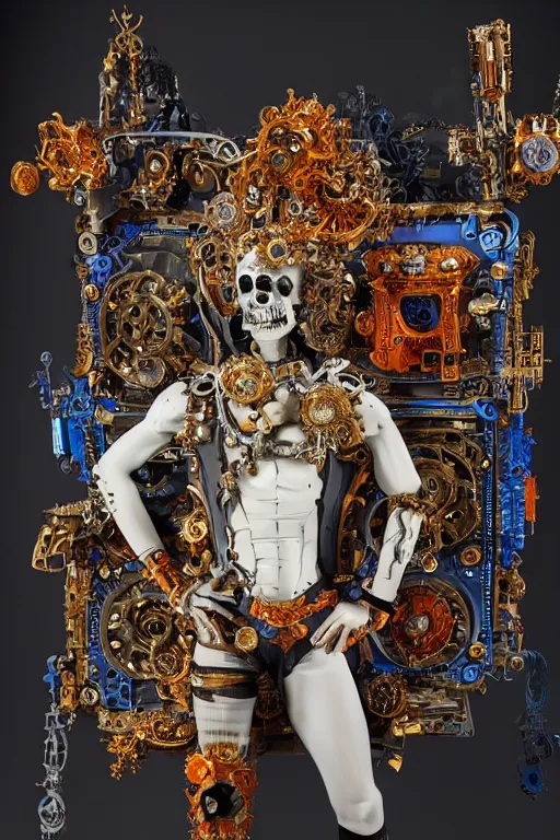 Prompt: full-body baroque and cyberpunk style sculpture of a young handsome Spanish prince half android with a chest opening exposing circuitry and a sparking motherboard, glowing blue lasert eyes, crown of mechanical gears and roses, flowing orange-colored silk, fabric, steampunk archways. baroque elements, human skull. full-length view. baroque element. intricate artwork by caravaggio. many many birds birds on background. Trending on artstation, octane render, cinematic lighting from the right, hyper realism, octane render, 8k, depth of field, 3D