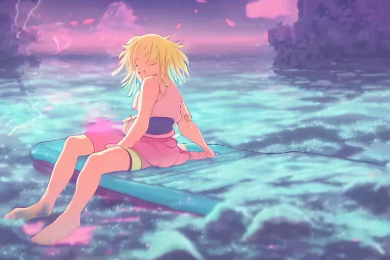 Prompt: a cute anime woman sleeping on a raft, misty, glows, by studio ghibli, anime, hazy, foggy, ambient lighting, 8 k, neon, synthwave,