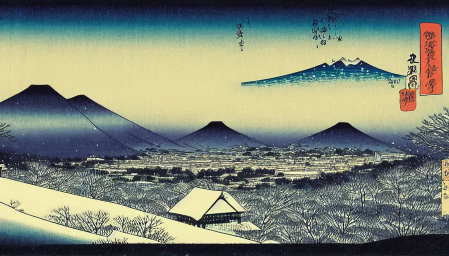 Prompt: snow field scenery at night, snowy and windy, with some tombs on the hill, by hiroshige utakawa, ukiyoe