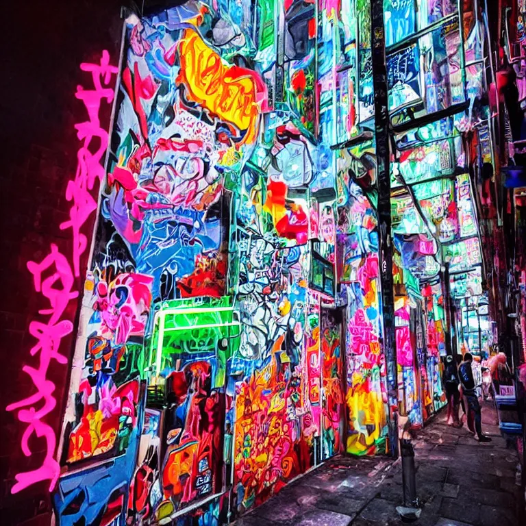 Image similar to Street-art painting on the wall in neon Tokio, photorealism