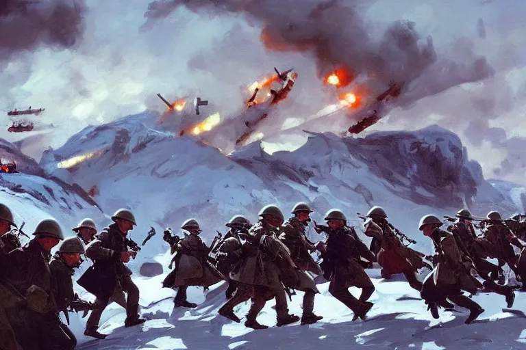 Prompt: far distance, intense vibrant film still of infantry wearing trenchcoats charging across a bridge, ww 2 snowy mountain battle 1 9 4 4, airplanes, oil painting by john singer sargent, adrian smith, greg rutkowski, trending on artstation