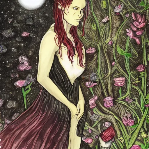 Prompt: stoic heroic emotionless blond butch tomboy woman, standing side by side with taller goth black - haired dark fae woman, in love, romantic in romantic garden at night, mike mignogna, illustration, pen and ink, oil painting, highly detailed, sci fi, dreamy and romantic