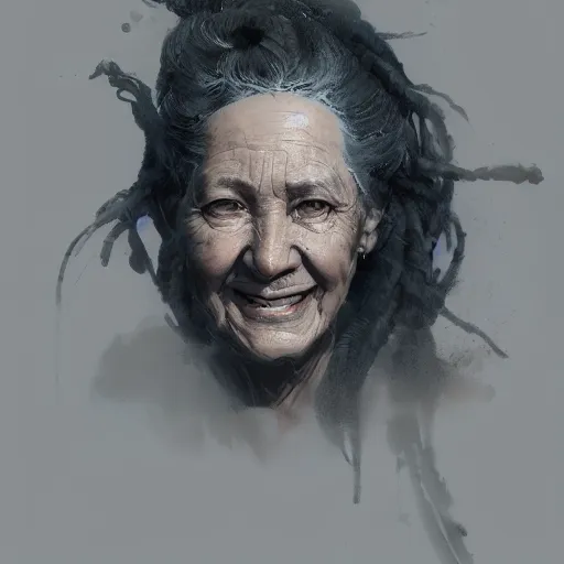 Prompt: portrait of and elderly woman with gray braids, squinty eyes, smiling, dramatic lighting, illustration by Greg rutkowski, yoji shinkawa, 4k, digital art, concept art, trending on artstation
