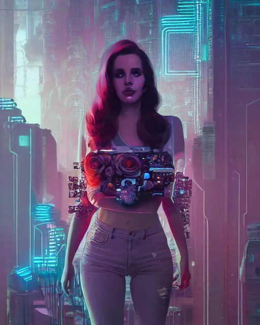 Image similar to portrait of lana del rey as a cyberpunk cyborg. roses, sci - fi, missing panels, intricate abstract, upper body, intricate artwork, by tooth wu, wlop, beeple, dan mumford. concept art, 8 k octane render, deviantart, greg rutkowski, cinematic, key art, hyperrealism, iridescent accents