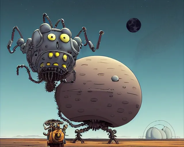 Image similar to a cell shaded cartoon grey lovecraftian mechanized fat spider from howl's moving castle ( 2 0 0 4 ), with a big head, on a desert road, wide shot, in front of a big moon, muted colors, post grunge, josan gonzales, wlop, by james jean, victor ngai, hq, deviantart, art by artgem