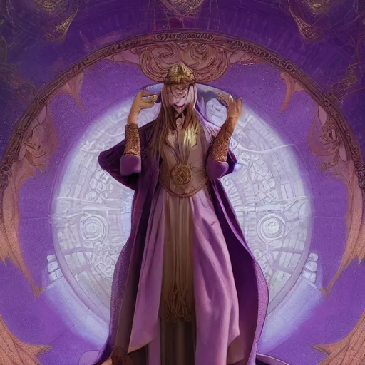 Prompt: highly detailed stunning image of a purple robe wizard full body in mucha style, 3 d render by andrei riabovitchev, shaun tan and peter mohrbacher octane render. hyper realistic. soft illumination. artstation