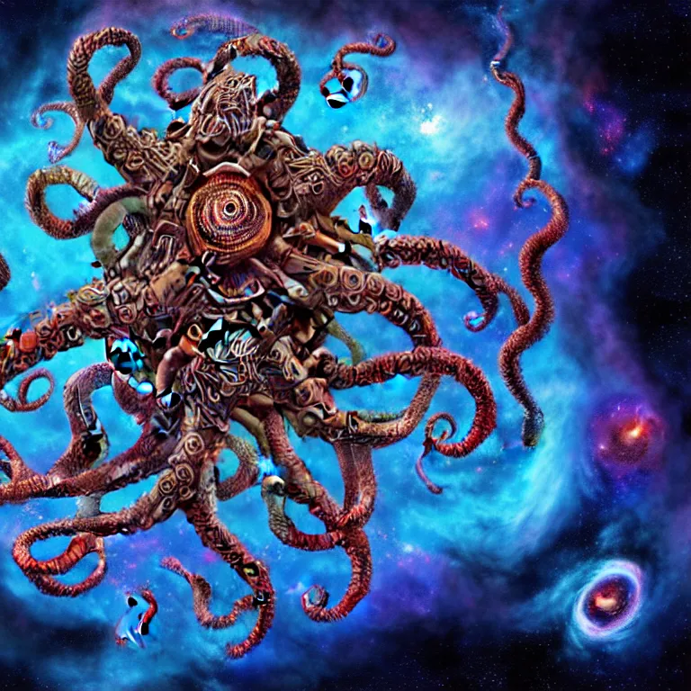 Image similar to a dramatic and beautiful digital matte painting of large space octopus with legs made of fractal celtic knots floating in front of beautiful nebulae, trending on cgartist, hi-fructose, mandala, ultra detailed 8k