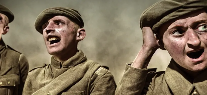 Prompt: horrified World War 1 soldiers, high contrast lighting, IMAX cinematic film still