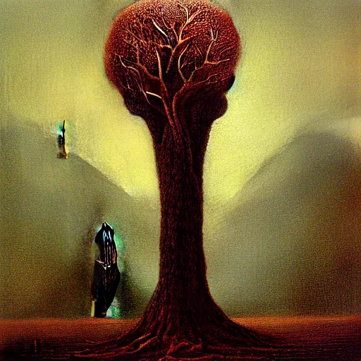 Image similar to Adam and Even dressed in Victorian dresses hug under the Tree of Life, by Beksinski