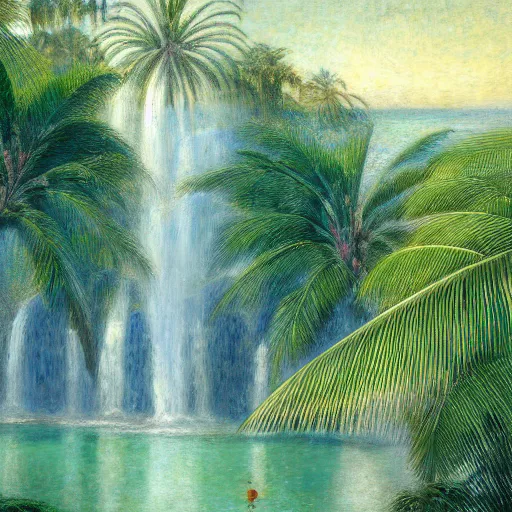 Prompt: a ultradetailed beautiful painting of the diamonds waterfall in the amazonas palace balustrade designed by jules bastien - lepage, tarsila do amaral, frank weston and gustave baumann, beach, trending on artstation, mediterranean, palm trees, sharp focus, soft light, 8 k 4 k