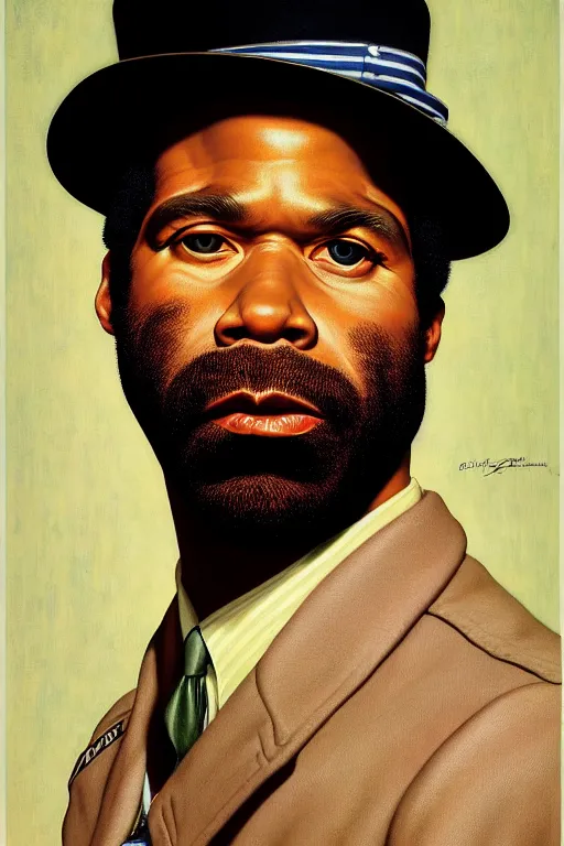 Image similar to cody chesnutt portrait by gil elvgren and norman rockwell and rob gonsalves and hajime sorayama, hyperrealistic, high detail, ultra detailed, highly detailed face, ruffled fabric