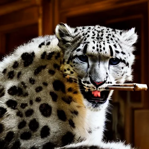 Prompt: Snow leopard smoking a cigar in the club, award winning photo