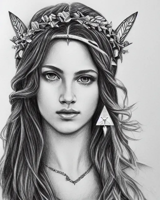 Image similar to long shot realism pencil drawing of the beautiful greek goddess aphrodite wearing a laurel wreath and arrowhead earrings, beautiful confident eyes, beautiful flowing hair, hyper realistic face, in the style of artgerm, fantasy, amazing detail, epic, elegant, smooth, sharp focus, from the front