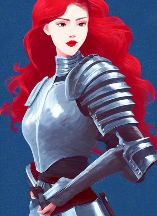 Prompt: a young woman in full plate armor with beautiful hair and red lips on a horse. she is a knight. clean cel shaded vector art. shutterstock. behance hd by lois van baarle, artgerm, helen huang, by makoto shinkai and ilya kuvshinov, rossdraws, illustration, art by ilya kuvshinov