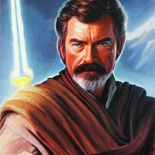 Image similar to ultra realistic portrait painting of tom selleck as obi - wan kenobi, art by frank frazetta, 4 k, ultra realistic, highly detailed, epic lighting