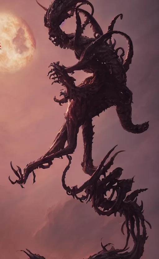 Prompt: four armed statue of a demon of the moon ascending from hell, four arms, dramatic lighting, jagged tendrils, artstation, concept art, smooth, sharp focus, illustration, art by greg rutkowski