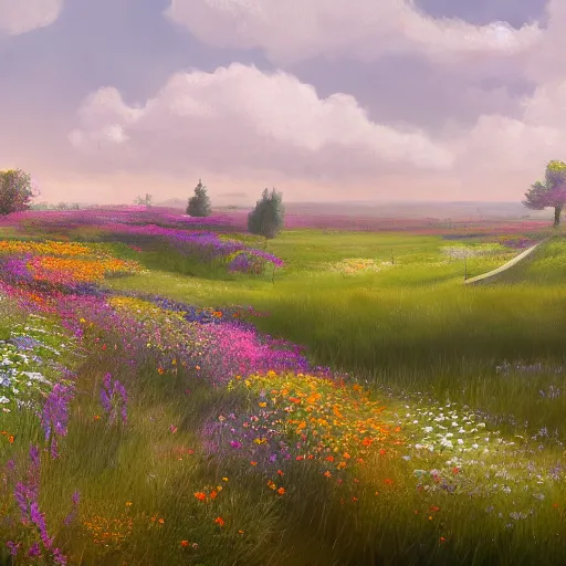 Image similar to a matte painting of a european prairie, cottage town, patchy flowers, oil painting, pale colors, high detail, 8 k, wide angle, trending on artstation,