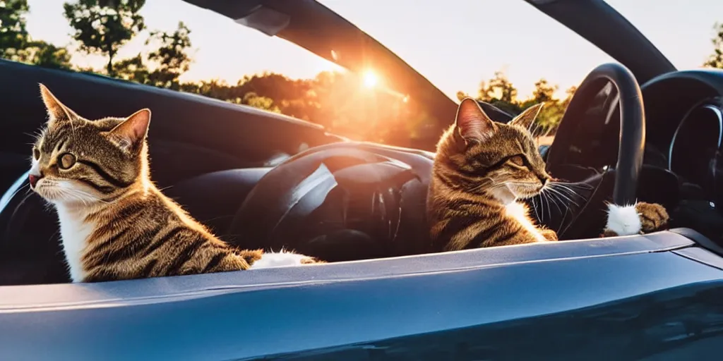 Image similar to side view of convertible, cat homies chilling in car, paws on steering wheel, golden hour, clear sky