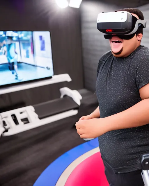 Image similar to Studio Photograph of a real life Super morbidly obese 800 pound American teenager Fat Albert wearing VR goggles while walking on a VR Treadmill in the Style of Annie Leibovitz,