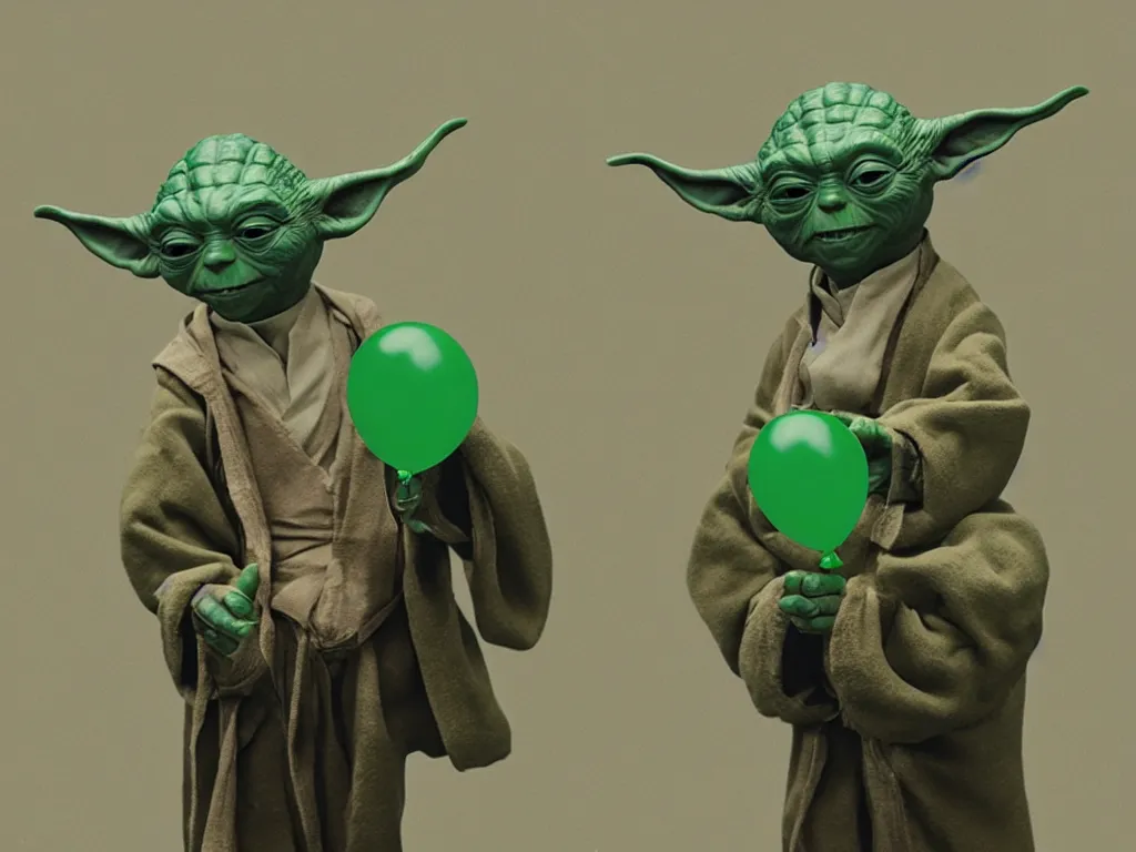 Image similar to a photo of yoda holding a green balloon in the tokyo suburbs by wes anderson, highly detailed, trending on artstation