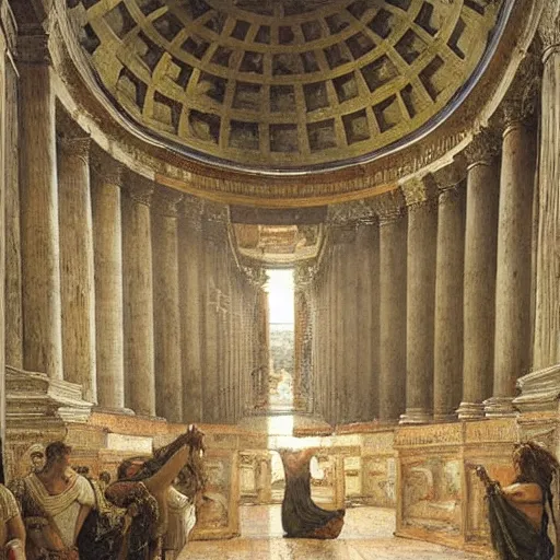 Image similar to ancient roman painting of the interior of the pantheon with a heroic warrior reaching towards the sky, sir lawrence alma - tadema