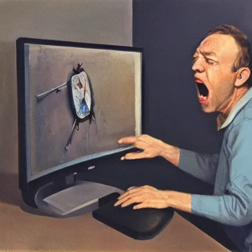 Image similar to an angry man screams at his computer monitor, oil on canvas, 1 9 6 7, highly detailed