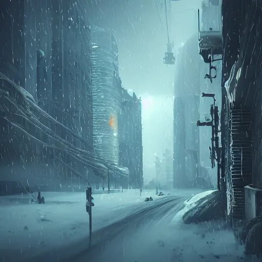 Image similar to mystic winter landscape, cyberpunk atmosphere, horror colors