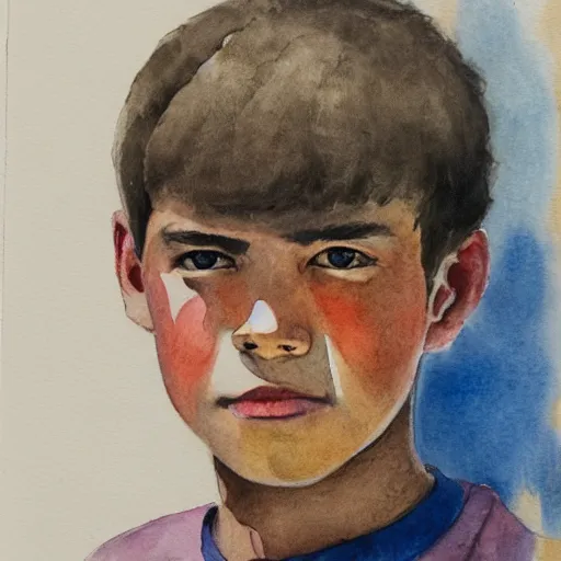 Image similar to Portrait of 14 years old boy, aquarelle