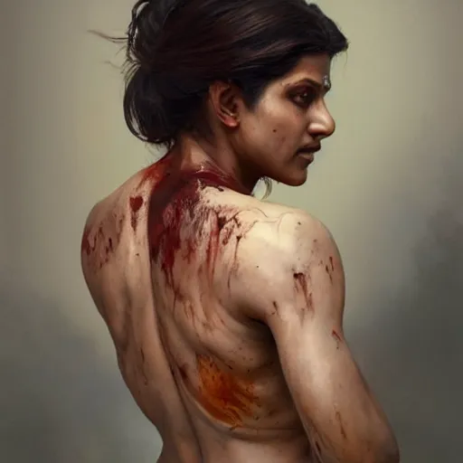 Prompt: portrait painting of a muscular bloodied indian middle aged woman lower back, ultra realistic, concept art, intricate details, eerie, horror, highly detailed, photorealistic, octane render, 8 k, unreal engine. art by artgerm and greg rutkowski and alphonse mucha