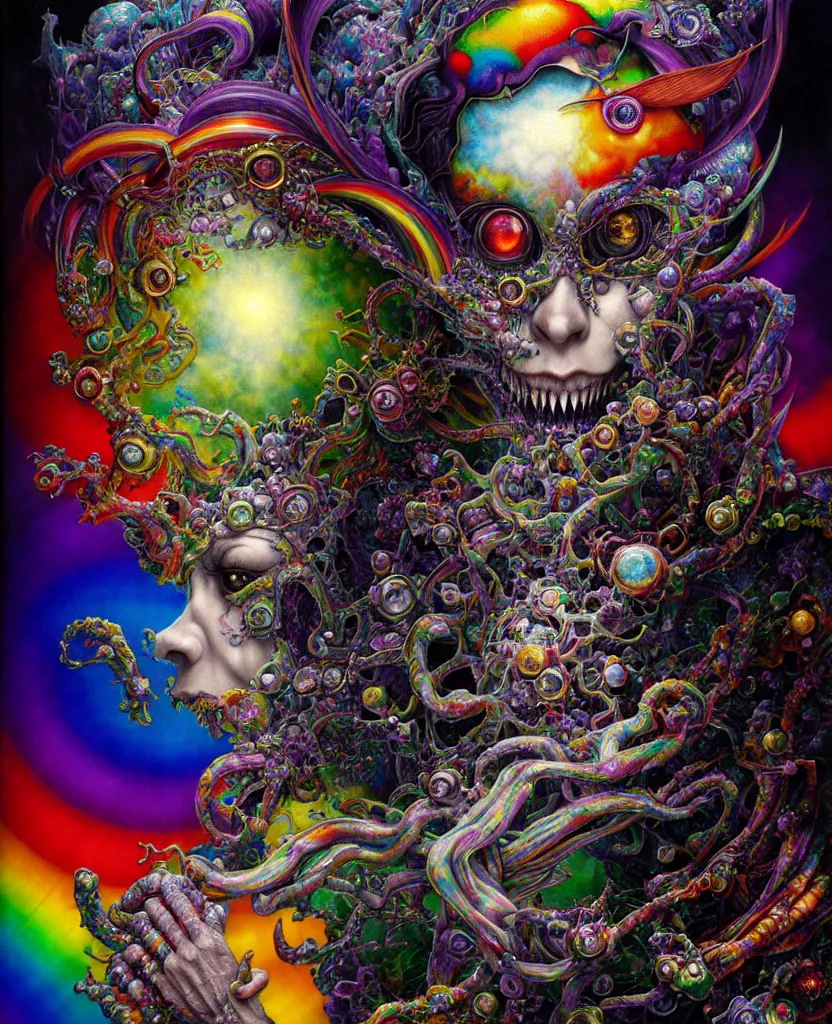 Image similar to realistic detailed image of ultra wrathful rainbow diamond nightmare scientist mega god of chaos, depth perception, depth of field, action horror by lisa frank, ayami, karol bak, neo - gothic, gothic, rich deep colors, part by adrian ghenie and gerhard richter. art by yoshitaka amano. masterpiece