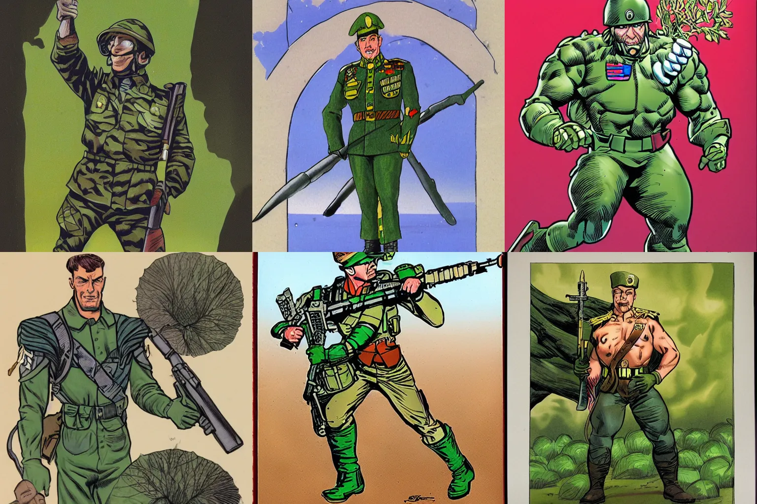 Prompt: heroic plant wearing a military uniform, by Alan Davis