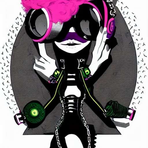 Image similar to a cybergoth woman wearing goggles and eccentric jewelry by jamie hewlett : : full body character concept art, detailed,