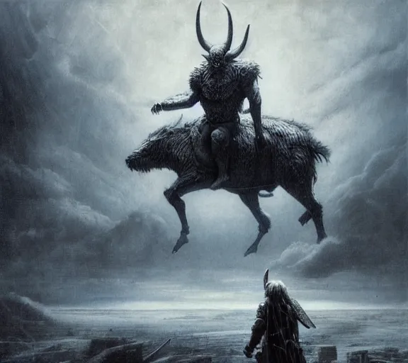 Prompt: minotaur concept, beksinski, wayne barlowe, adrian smith fantasy art, the hobbit art, lord of the ring art, the witcher concept art, trending on artstation, game of throne art