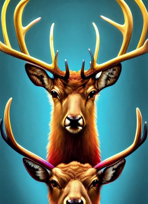 Image similar to symmetry!! portrait of antlered deer wearing a colorful beanie!, gold piercings, intricate, elegant, highly detailed, digital painting, artstation, concept art, smooth, sharp focus, illustration, art by artgerm and greg rutkowski and alphonse mucha, 8 k