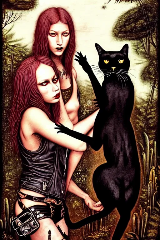 Image similar to punk rock girls kissing and making selfie with black cats in jungle , 1980 style, mad max jacket, post apocalyptic, Cyberpunk, renaissance, Gothic, mystic, highly detailed, 4k, fog, oil painting on canvas by Leonardo Da Vinci, hyper realistic style, fantasy by Olga Fedorova