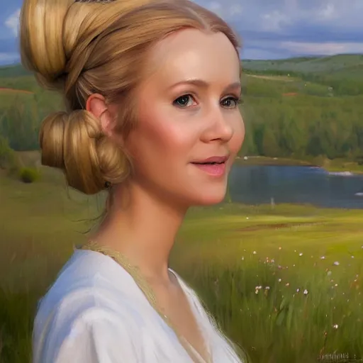 Prompt: blonde Princess Leia, Swedish countryside, landscape view, archipelago, painting by Vladimir Volegov, wlop, artstation