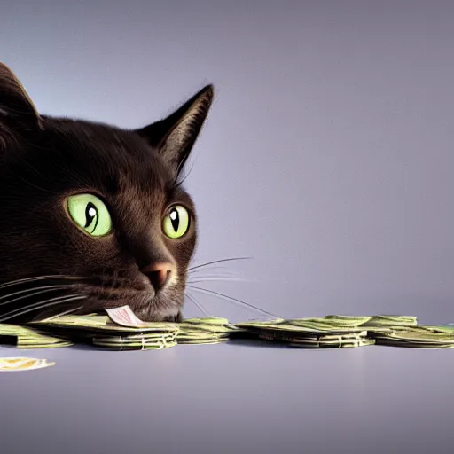 Prompt: Cat counting its money, 4k, raytracing, moody light