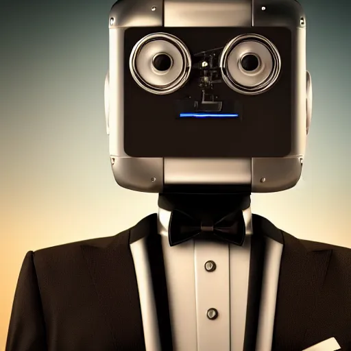 Image similar to “ closeup portrait of a robot wearing a tuxedo, depth of field, zeiss lens, detailed, symmetrical, centered, fashion photoshoot, by annie leibovitz and steve mccurry, david lazar, jimmy nelsson, breathtaking, 8 k resolution, extremely detailed, beautiful, establishing shot, artistic, hyperrealistic, beautiful face, octane render ”