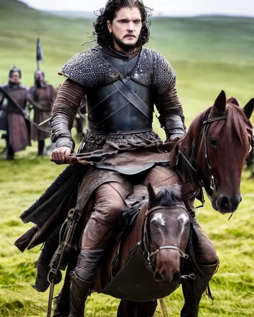 Prompt: kit harington as Uhtred of Bebbanburg, on horseback, ready to lead his men into battle, in the last kingdom, 4k tv still, cdx