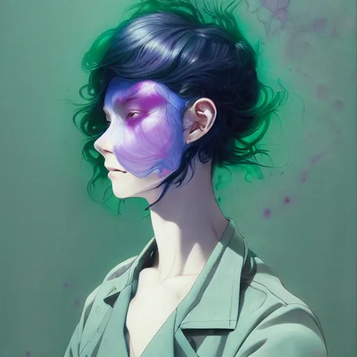 Image similar to prompt : pale violet and deep green portrait in water soft light painted by james jean and katsuhiro otomo and erik jones, inspired by evangeleon anime, smooth face feature, intricate oil painting, high detail illustration, sharp high detail, manga and anime 1 9 9 9