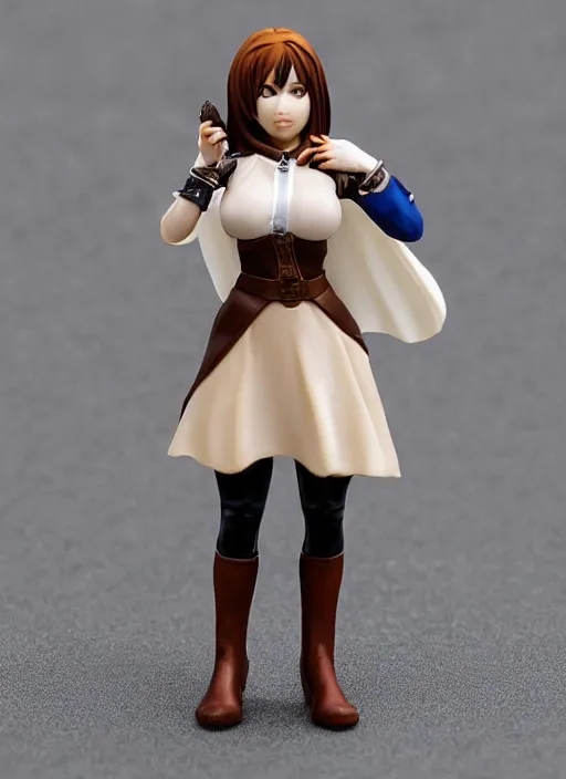 Image similar to 80mm resin detailed miniature of a female alchemist with short brown hair wearing a short dress, white stockings, leather boots and cape, Product Introduction Photos, 4K, Full body