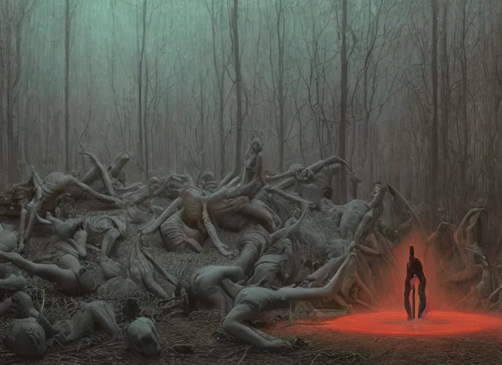 Prompt: satanic ritual, summoning the devil, marching band, they are watching, RGB, glowing wires everywhere, pristine, by Edgar Maxence and Ross Tran, Zdzisław Beksiński, and Michael Whelan, distant, gustav dore, H.R. Giger, 8k, octane render