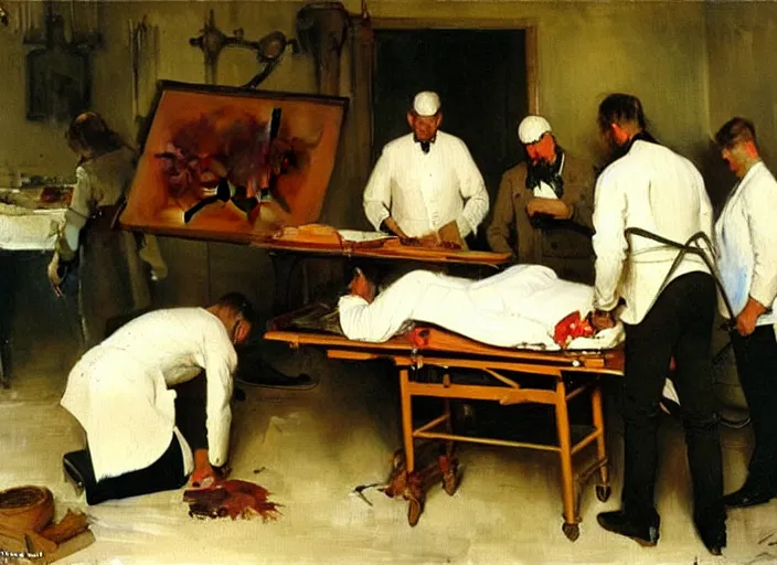 Image similar to anders zorn oil painting of instruction of autopsy surgery