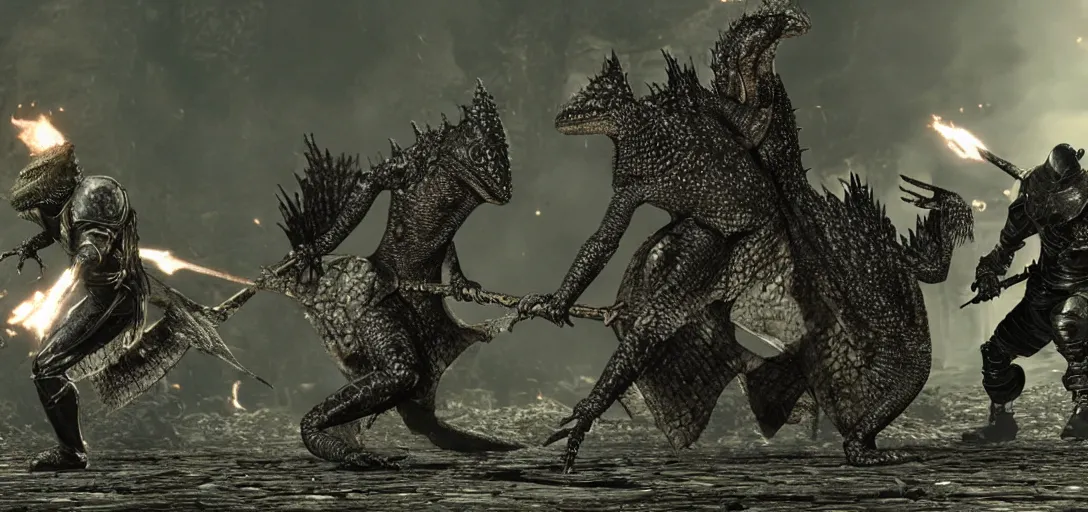 Prompt: lizards in dark souls armor battling a boss