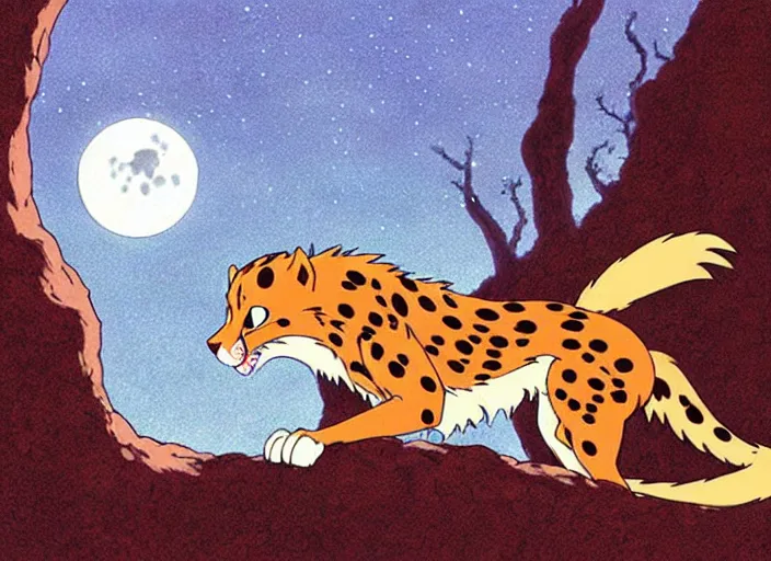 Prompt: a still from a studio ghibli movie of a cartoon cheetah from princess mononoke ( 1 9 9 7 ), in front of a pale full moon, full body, wide shot, very dull muted colors, studio ghibli, highly detailed, deviantart, art by artgem