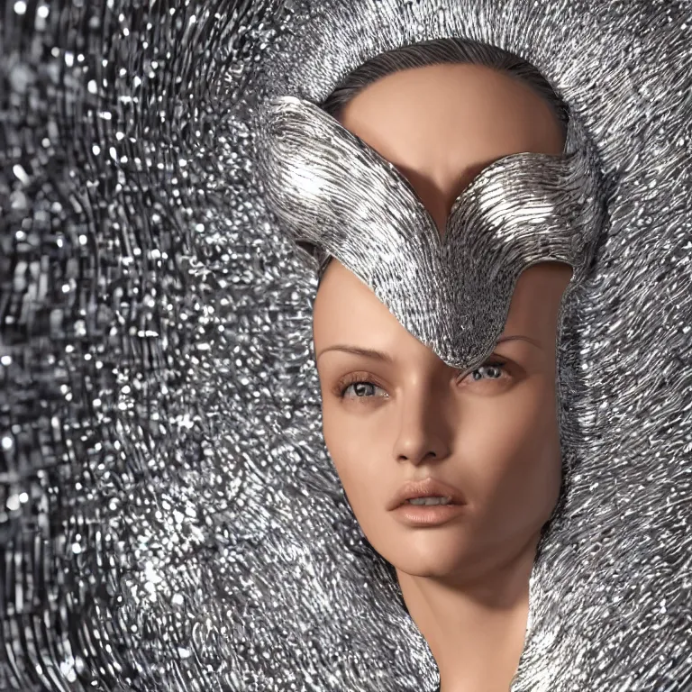 Prompt: octane render portrait by wayne barlow and carlo crivelli and glenn fabry, the ultra - sharp smooth perfect symmetrical face of a beautiful woman wearing a small shiny reflective chrome mask, inside a giant massive wave of liquid gold, cinema 4 d, ray traced lighting, very short depth of field, bokeh
